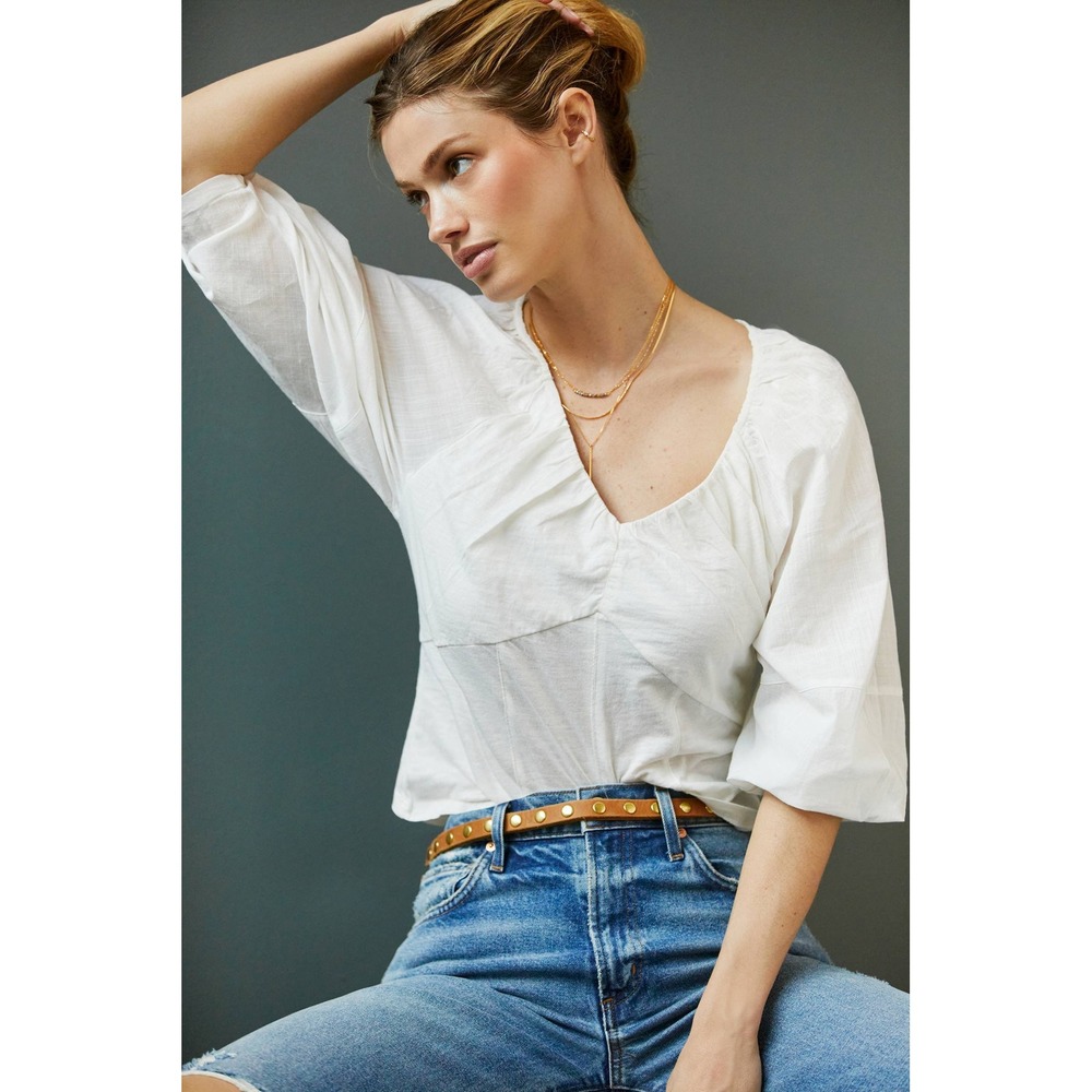 Anthropologie White Mixed Media Sweetheart Long Sleeve Top XL NWT 67132043